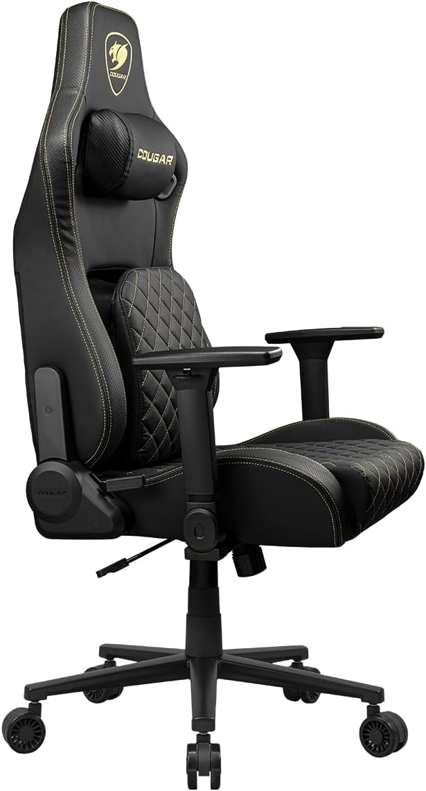 Cougar Defensor Ergonomic Office/Gaming Chair Adjustable Height and Tilt 155º Recline 4D Folding Armrests Durable Hyper-Dura Leatherette Upholstery 120 kg Capacity – Gold