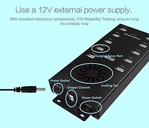 USB Hub Sipolar 10-Port Powered USB Data Hub with LED Indication Multiple USB Port Hub Splitter with 12V 10A Power Adapter Cooling Fan and Mounting Brackets