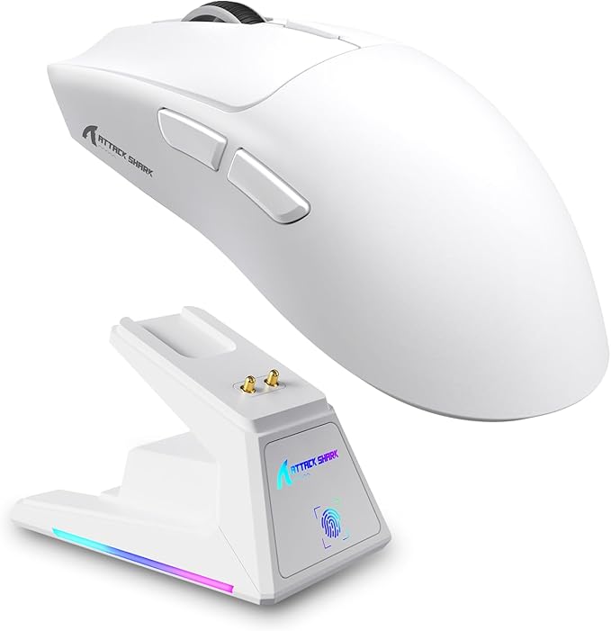 ATTACK SHARK X1 Superlight Wireless Gaming Mouse with RGB Magnetic Charging Dock BT/2.4G Wireless/Wired Gaming Mouse PAW3395PRO Gaming Sensor 40000DPI 53g Office Mice for PC/Mac/Win/Xbox (White)
