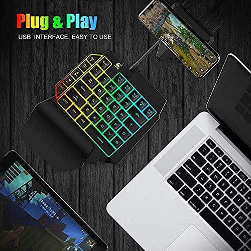 One Handed Gaming Keyboard and Mouse Combo 39 Keys USB Wired Gaming Keypad with Wrist Rest Rainbow Backlit Mechanical Feel Anti-Ghosting Keyboard 6-Button Adjustable DPI Mouse for PC