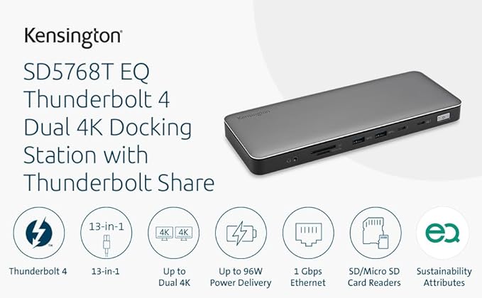 Kensington SD5768T EQ Thunderbolt 4 Docking Station Dual 4K@60Hz via HDMI/TB4 Ports 96W Charging SD/Micro SD Card Slots Ethernet Audio Supports Thunderbolt Share (K35381NA)
