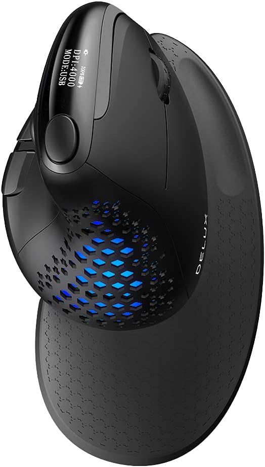 DELUX Seeker Ergonomic Mouse Wireless Vertical Mouse with OLED Screen 6 Buttons&ampThumb Wheel Function Silent Click Up to 7200DPI Programmable Rechargeable BT/2.4G/Wired RGB Light(M618XSD-Bl