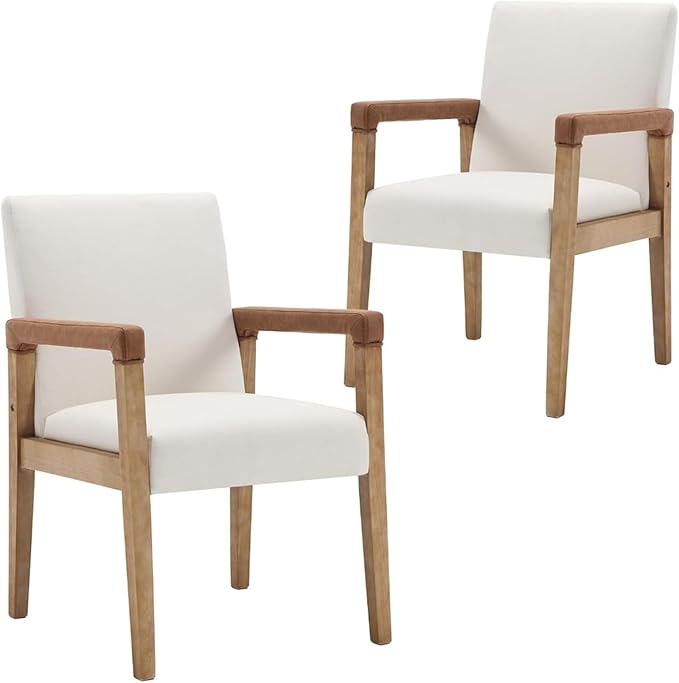 Adjustable Office Computer Chair with Armrest 1pcs Modern Style Linen White Upholstered Solid Wood Dining Chairs with Armrests