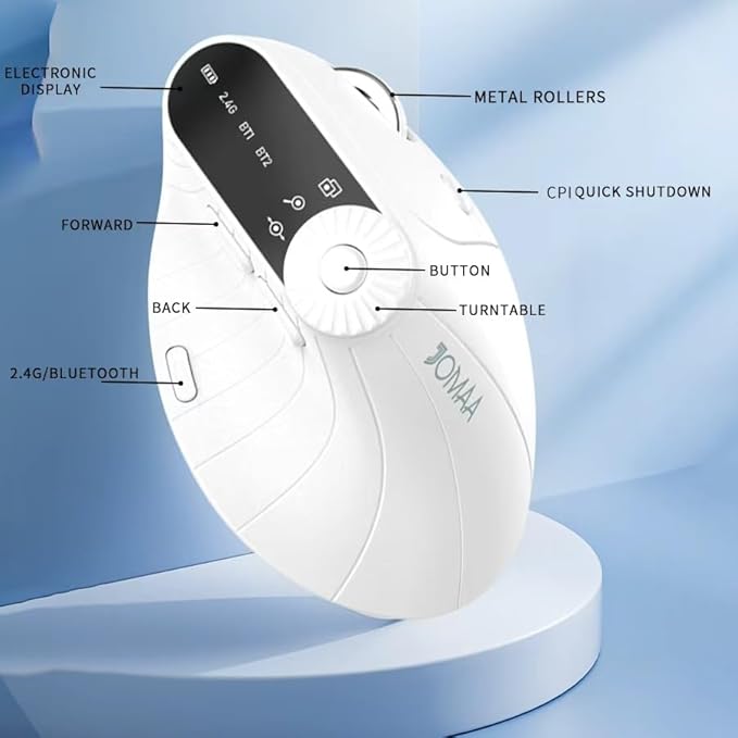 JOMAA Wireless 2.4G &amp Dual Bluetooth Three-Channel Ergonomic Vertical Mouse Adjustable DPI Multi-Function Turntable for PC Laptop MacBook Rechargeable (White)