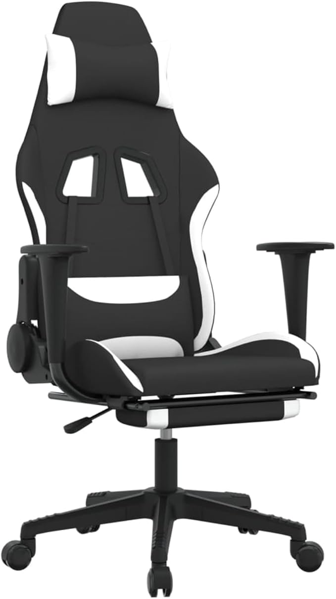 Gaming Chair with Footrest Adjustable Backrest and Height 360 Degree Swivel Design Rolling Castors Black and White Fabric Metal and Plywood Frame for Home Office or Dorm Room