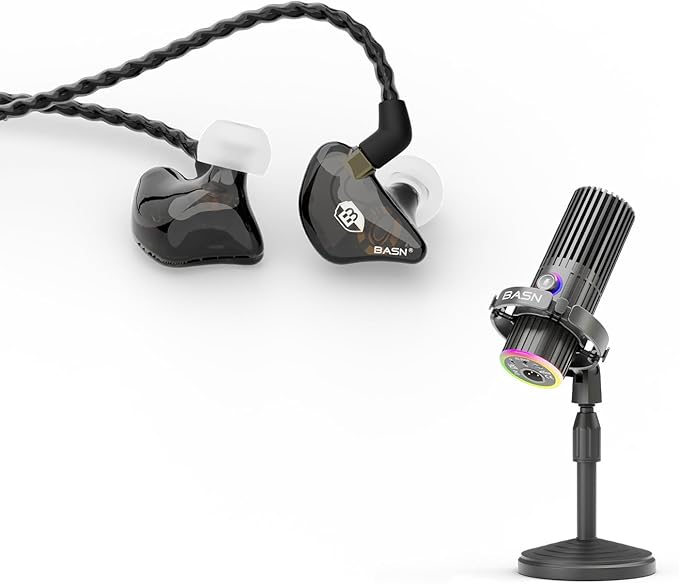 BASN USB/XLR SL2000 Dynamic Microphone and Bsinger 2nd Generation Dual Dynamic Drivers in Ear Monitor Headphones Set for Podcast Live Streaming Gaming Recording