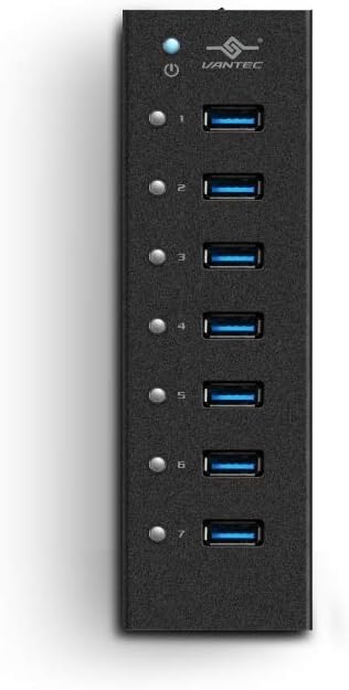 Vantec 7-Port USB 3.0 Hub Aluminum Full Powered Mountable with All Ports Data &amp Charging Up to 1.5A BC 1.2 Premium 12V/3A 36W Power Adapter (UGT-AH710U3-BK)