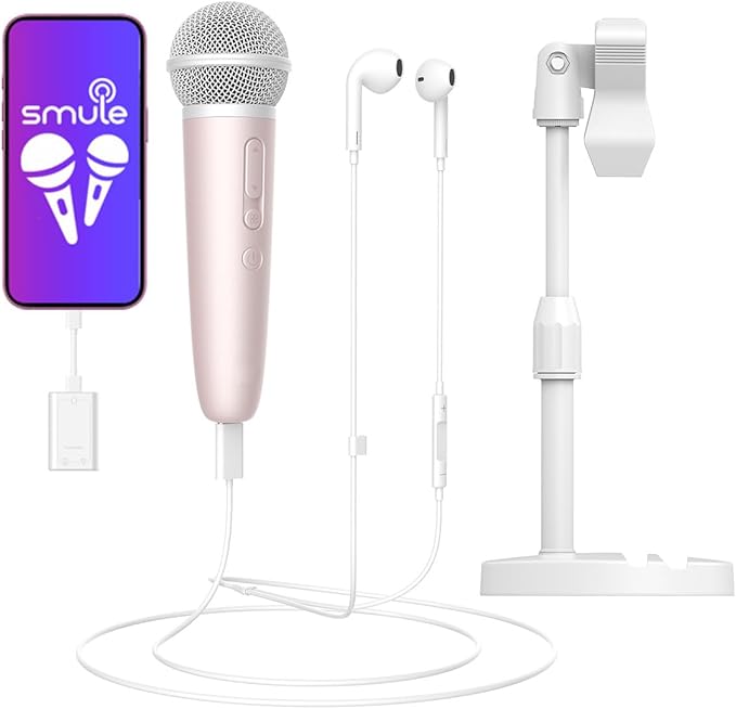 Singing Microphone with Earphone &amp Stand Ideal for Vocal Recording Podcasting Live Streaming Gaming Compatible with Smule &amp Starmaker &amp Stingray USB-C Dongle &amp Lightning Adapter