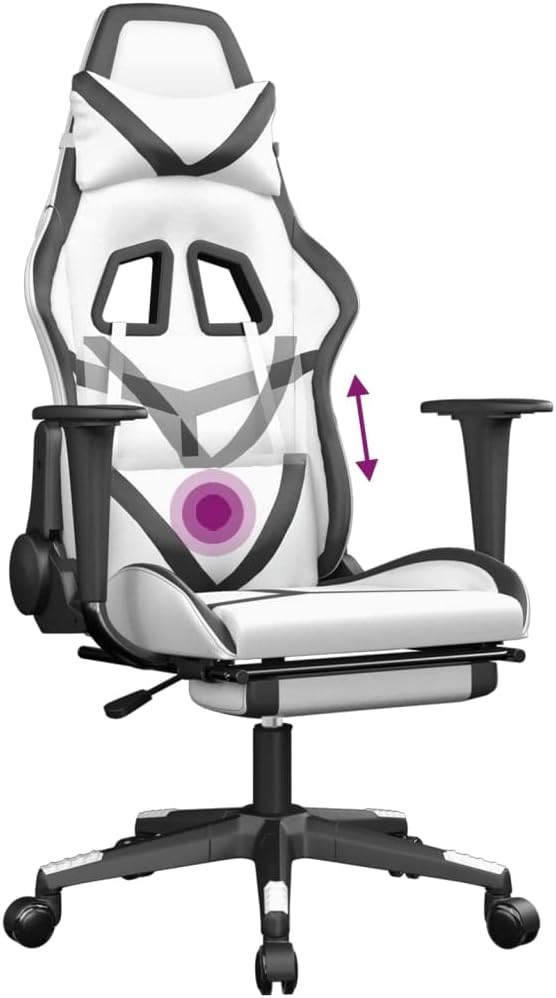 Faux Leather Massage Gaming Chair with FootrestComputer Game ChairMassage Office ChairErgonomic Desk Chair PC Gaming Chair for Adults Teens(White&ampBlack)