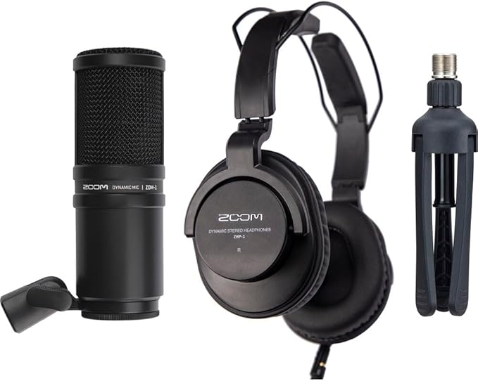 Zoom ZDM-1 Podcast Mic Pack Podcast Dynamic Microphone ZHP-1 Headphones TPS-4 Tripod Windscreen 2-Meter XLR Cable for Recording &amp Streaming Podcasts + Cleaning kit (Pack of 2)