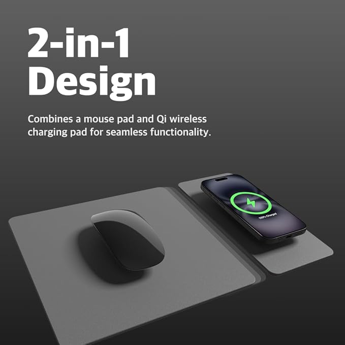 POUT H3 Split Wireless Charging Mouse Pad – Fast Qi Charger with Magnetic Attachment – Smooth Surface &amp Anti-Slip Base – Compatible with Smartphones and Earbuds (Dust Gray)