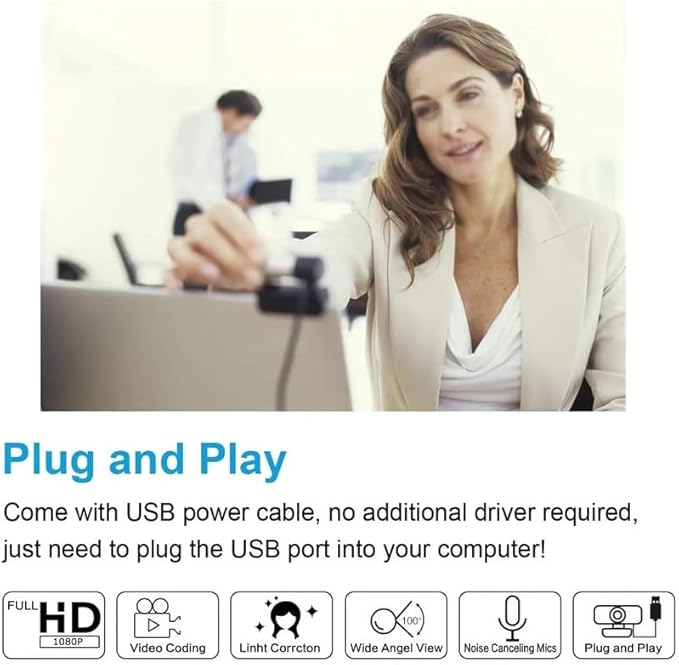 1080P 60fps Webcam with Microphone for Desktop Laptop Computer Meeting Streaming Web Camera