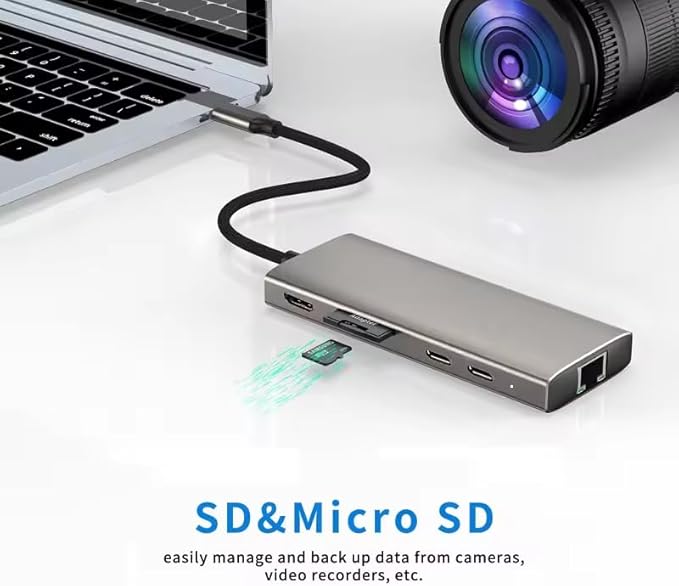 USB C HUB Dongle 10-in-1 USB C Adapter Docking Station with 4K HDMI Type C PD USB C Data USB3.0 RJ45 Ethernet SD/TF Card Reader Other Type C Latops Devices