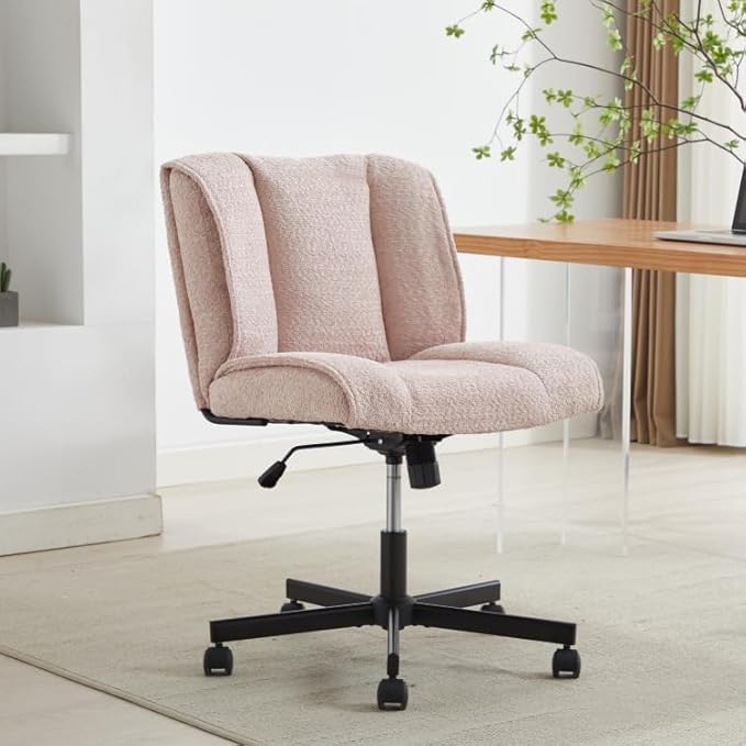 DHAEY Office Desk Armless Chair Cross Legged Office Chair Wide Comfty Desk Chair with No Wheels Modern Height AdjustableSwivel Fabric Vanity Chair Computer Task Chair for Home Office Pink