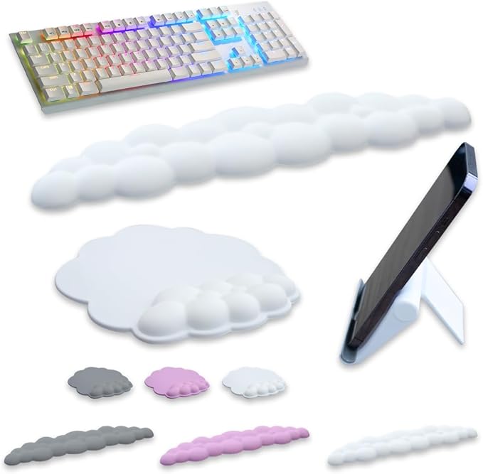 CLOUDIX - Cloud Keyboard Wrist Rest. Set Mouse Pad Phone Holder Tablet Holder Ergonomic Cloud Wrist Pad with Memory Foam Non-Slip Base for Typing Pain Relief Home Office Laptop Gaming (Grey)