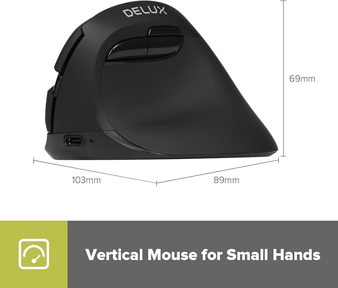 DELUX Wireless Ergonomic Mouse Vertical Mouse for Small Hands Silent Click Ergo Mouse Up to 4000 DPI 6 Buttons Rechargeable 2.4G/BT 5.2 Dual-Mode Compatible with Laptop/PC (M618MINI-Black)