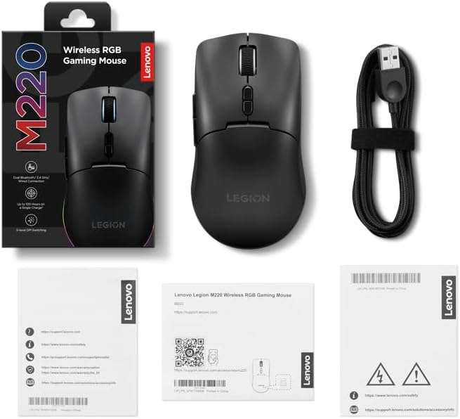 Lenovo Legion M220 Wireless RGB Gaming Mouse Dual Channel Bluetooth 2.4Ghz Wireless USB-C Charging 5-Level DPI Switch Symmetrical Medium-Large Size Black