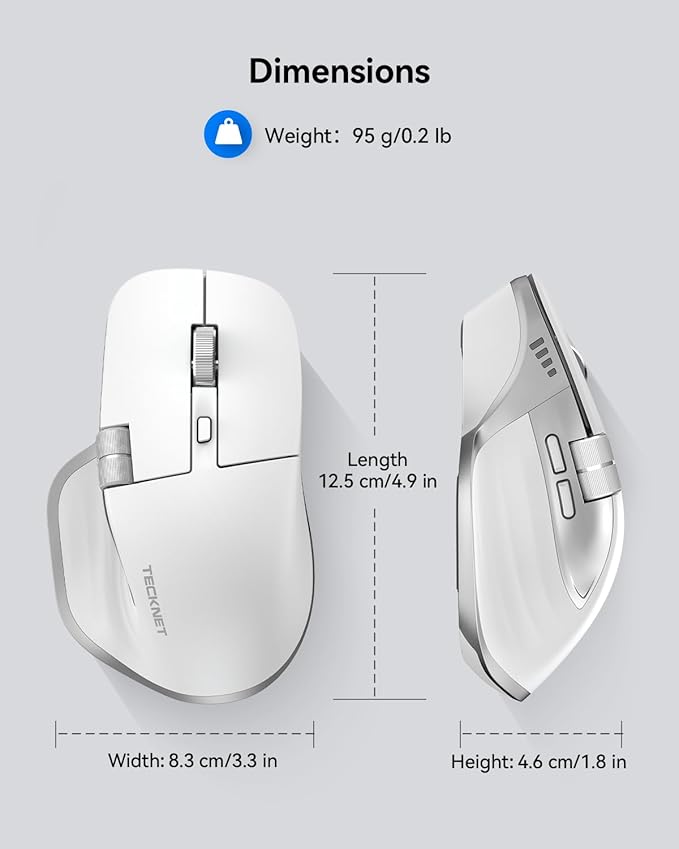 TECKNET Wireless Mouse Bluetooth Mouse (BT5.3/5.0 &amp 2.4G) Rechargeable Ergonomic Optical Mouse with 6 Adjustable DPI Side Scroll Quiet Clicks USB A Receiver 7 Buttons Wide Compatibility - Wh