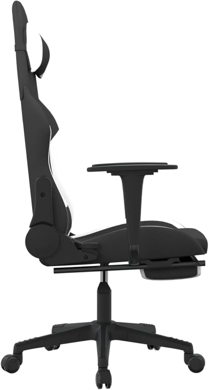Gaming Chair with Footrest Adjustable Backrest and Height 360 Degree Swivel Design Rolling Castors Black and White Fabric Metal and Plywood Frame for Home Office or Dorm Room