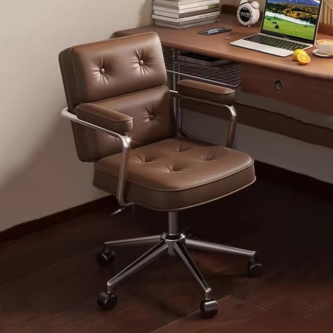 YCKEGEW Leather Swivel Office Chair with Wheels and Arms Ergonomic Desk Chair Tilting BackrestComputer Chair Height AdjustableExecutive Chair for Office(CoffeeSliver Legs)
