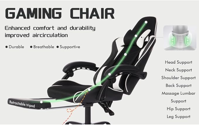 Ergonomic E-Sports Gaming Chair Racing Style Seat with PU Leather High-Density Foam Lumbar Massage and Adjustable Recliner for Office and Home Gaming White