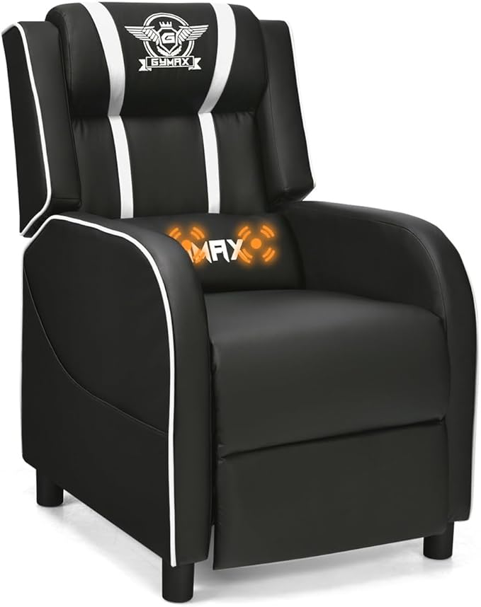 GYMAX Gaming Recliner Massage Gaming Chair with Adjustable Backrest Footrest Remote Control &amp Side Pocket Ergonomic Game Lounge Chair Racing Style Single Theater Seat Game Sofa for Adults (Whi