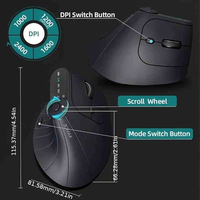JOMAA Wireless 2.4G &amp Dual Bluetooth Three-Channel Ergonomic Vertical Mouse Adjustable DPI Multi-Function Turntable for PC Laptop MacBook Rechargeable (Black)