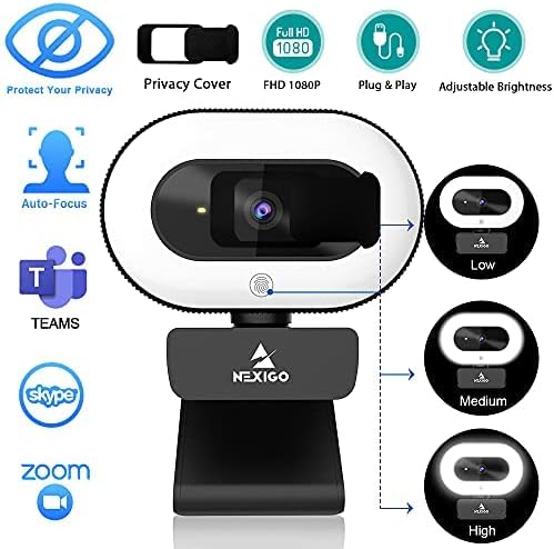 NexiGo StreamCam N930E with Software 1080P Webcam with Ring Light and Privacy Cover Auto-Focus Plug and Play Web Camera for Online Learning Zoom Meeting Skype Teams PC Mac Laptop Desktop
