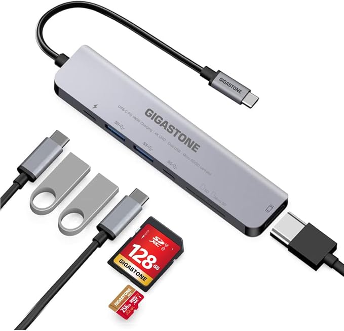 【USB C Hub】 Gigastone Multiport Adapter 7-in-1 USB C Docking Station with 4K HDMI 100W Power Delivery USB-C&amp 2 USB 3.0 SD &amp MicroSD Reader for MacBook Air/Pro Chromebook Zenbook Surface