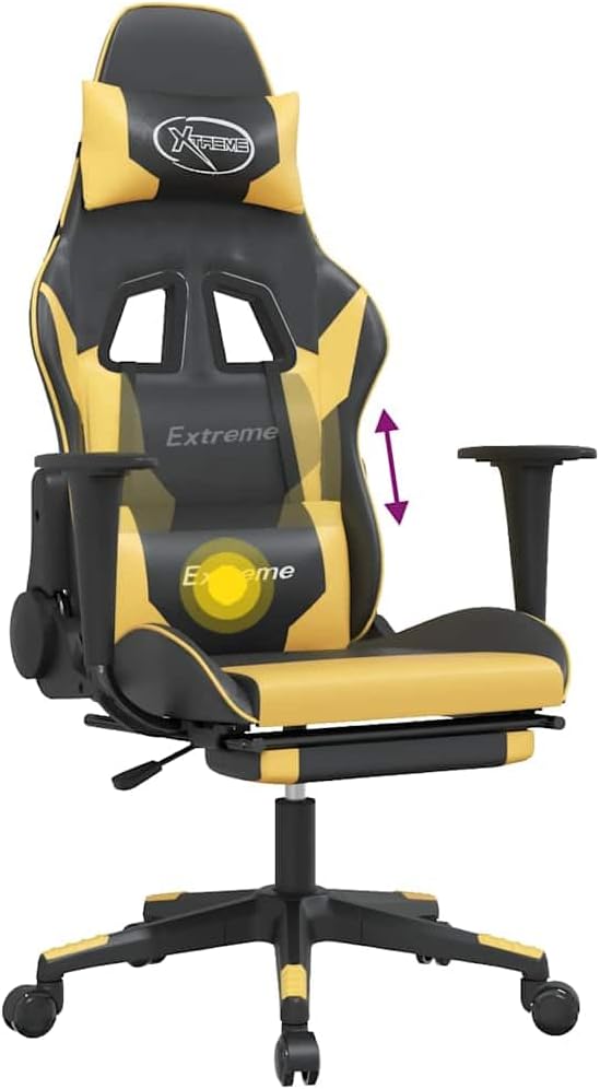 Black and Gold Faux Leather Gaming Chair with USB Massage 160-Degree Recline Adjustable Armrests and Retractable Footrest for Ergonomic Support and Relaxation