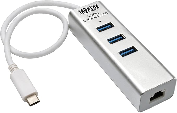 Tripp Lite 3-Port USB-C to USB-A Portable Hub with Gigabit Ethernet Port (GbE) RJ45 USB 3.1 Gen 1 Type-C to Type-A Aluminum (U460-003-3A1G)