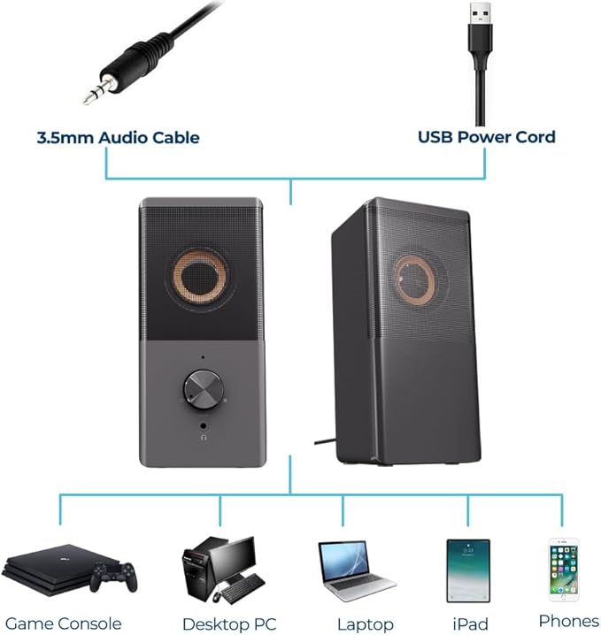 ROSON Computer Speaker Compact Size Speaker with Headphone Jack Enhanced Bass and Volume Control Stereo 2.0 USB Powered 3.5mm Aux Multimedia Speakers for Laptop/Desktop/Tablets/Phone