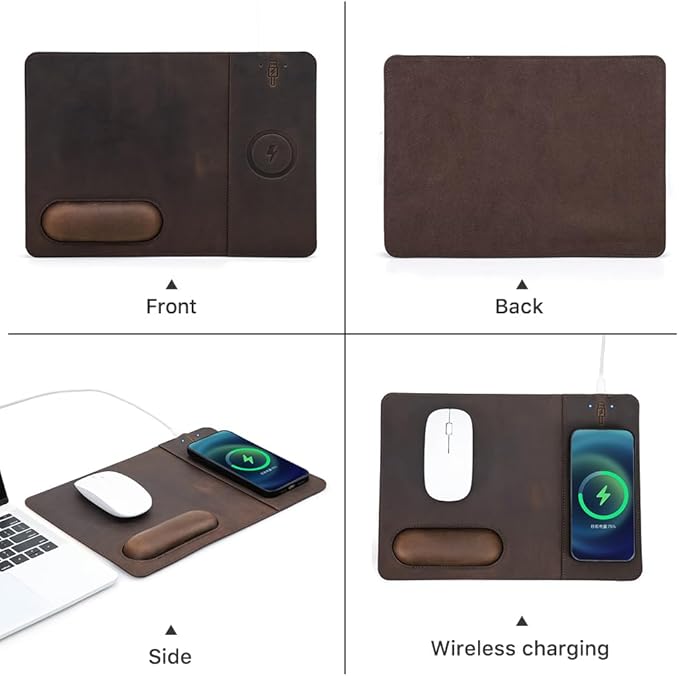 Hiram Premium Crazy Horse Leather Mouse Pad with 15W Wireless Charging - Ergonomic Wrist Rest Waterproof and High-End Cowhide Touch(12in x 9in)