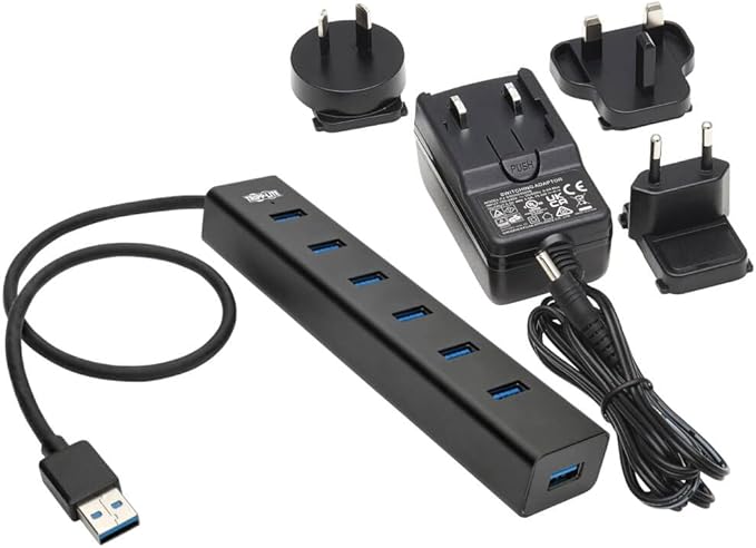 Tripp Lite 7-Port USB-A Mini Hub - USB 3.2 Gen 1 Up to 5 Gigabits per Second Strong Aluminum Housing International Plug Adapters for UK EU Australia - 1-Year Warranty (U360-007-AL-INT)
