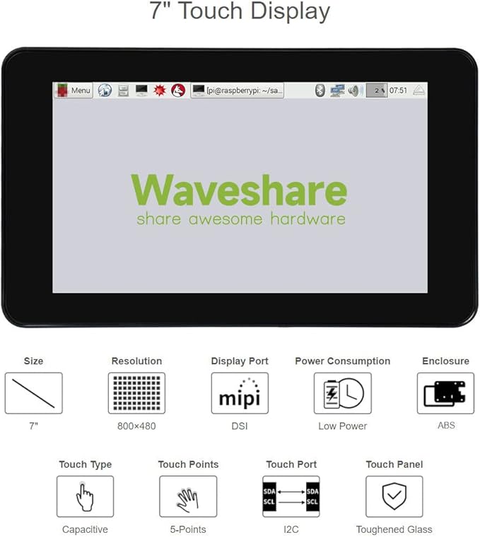 waveshare 7inch Capacitive Touch Display Compatible with Raspberry Pi 4B Comes with Protection Case 800×480 Resolution DSI Interface