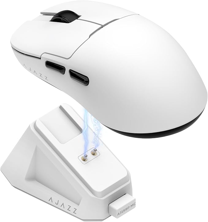 AJ159P MC Wireless Gaming Mouse 12000 DPI Tri-Mode 2.4G/Bluetooth/Wired Magnetic RGB Charging Dock 56g Ultra-Light Programmable 6 Buttons - Perfect for Gaming Work &amp Travel (White)