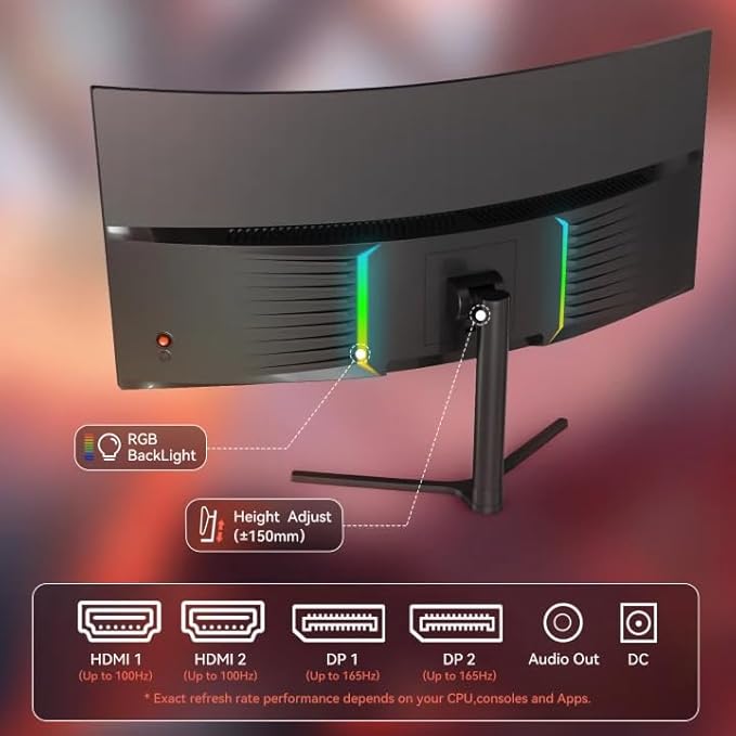 34 Inch Ultrawide Monitor 3440 x 1440P Curved Gaming MonitorSwivel/Height Adjustable21:9 Aspect Ratio with RGB Backlight165Hz 127% sRGB 4000:1 Contrast RatioPIP/PBP Black2026