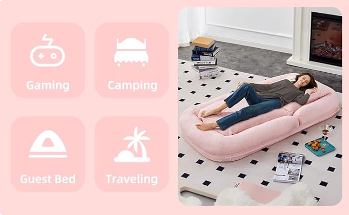 Folding Sofa Chair with 5 Adjustable Positions Plush Floor Lounge Chair for Gaming Meditation and Relaxation (Pink EPU)