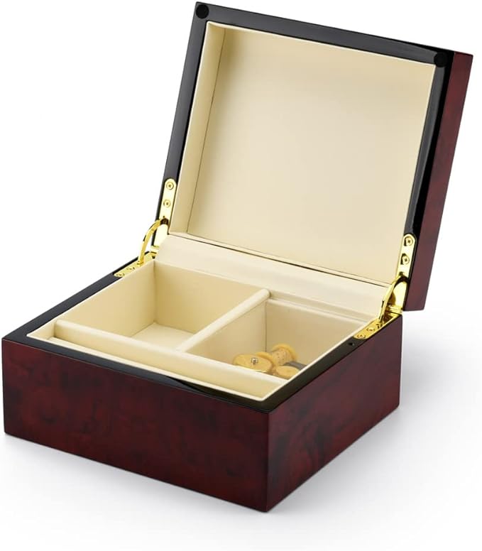 MusicBoxAttic Modern Hi Gloss 30 Note Burl Wood 3.6 LCD Video Jewelry Box - Four Seasons Spring