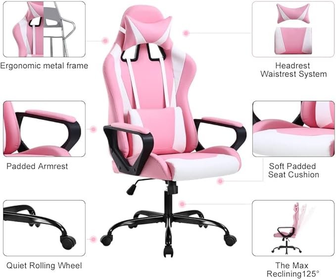 Ergonomic High Back Gaming Chair &amp Office Chair PU Leather &amp Adjustable &amp Easy Assembly &amp BIFMA Certified for Home/Office (Gray) (Pink)