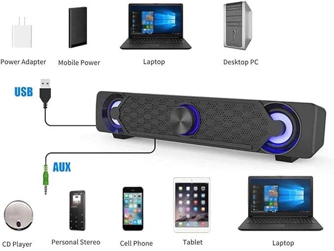 Sound bar with Built-in Subwoofer Surround Sound 3.5mm Input Jack Compatible with PC Computers Notebook Tablet Smart Phones