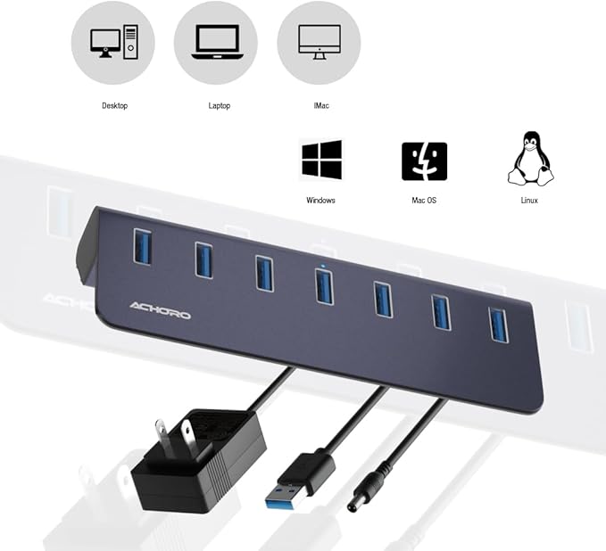 Achoro 7 Ports Powered USB HUB – 2nd Generation 10GB Super Speed External Ports – USB 3.2 Aluminium USB for Computer Mac PCs Smartphone &amp Tablets – Computer Multiple USB A &amp C Hub