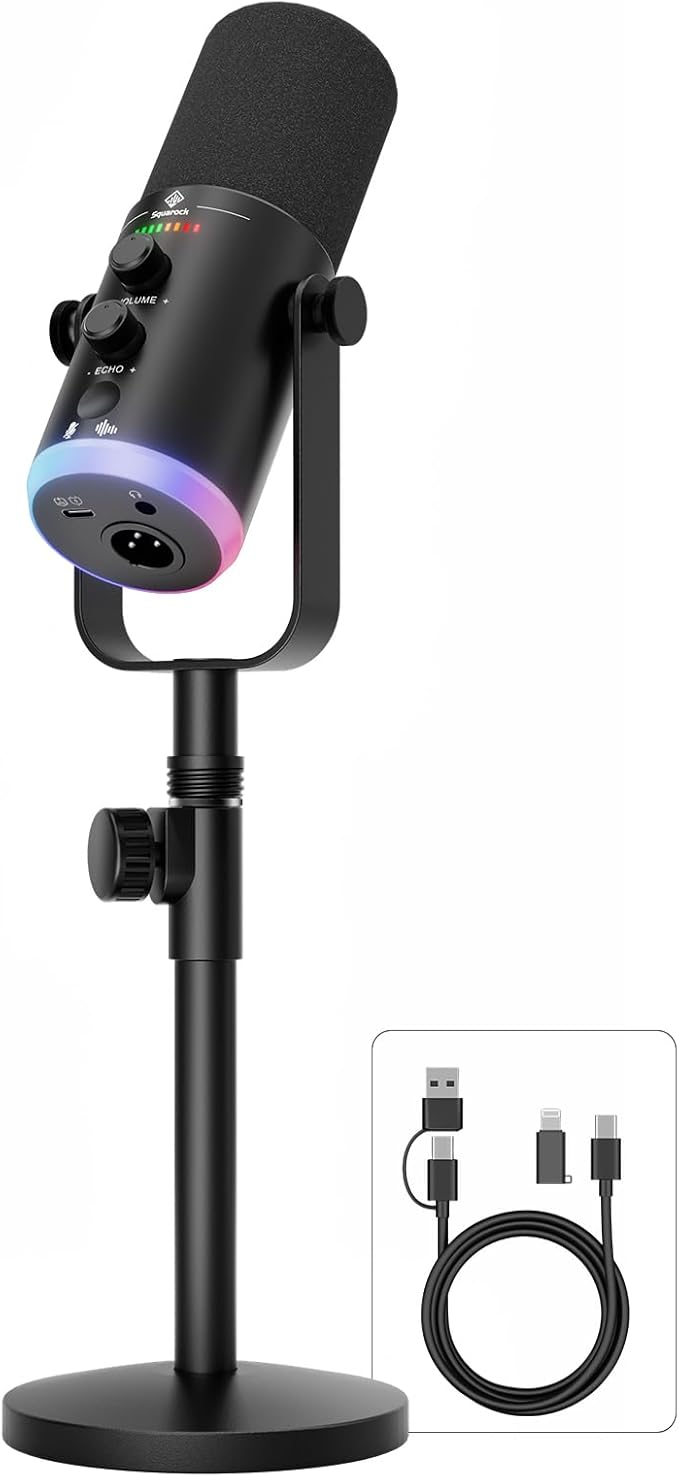 USB/XLR Dynamic Podcast Microphone with RGB Lighting PC Gaming Streaming Mic with Mute Button Headphone Jack and Desktop Stand TX2