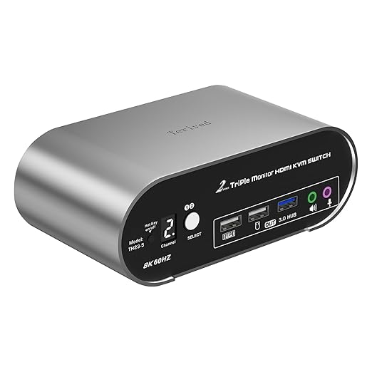 2 Computers 3 HDMI Monitors KVM Switch 8K@60Hz Triple Monitors Wired Remote and Hotkey Switching EDID Audio and Microphone Aluminum Alloy ShellDigital Display HDR10 with Cables