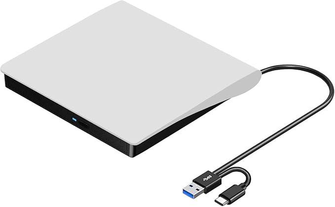 ROOFULL External CD DVD Drive for Mac Laptop USB 3.0 &amp USB-C Portable CD Reader Writer Burner DVD Player ROM+/-RW Disc Drive with Carrying Case for Apple MacBook Windows 11 PC Computer White