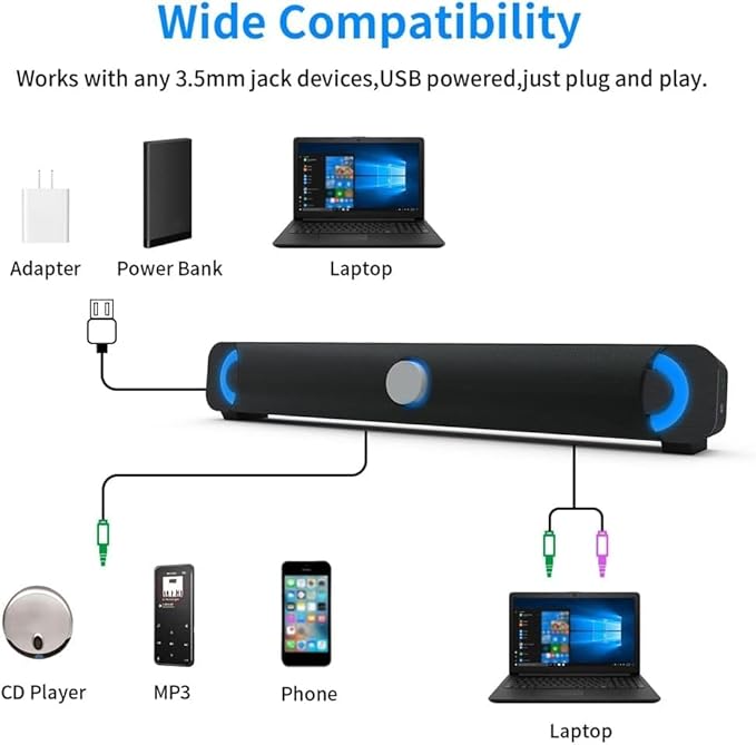 Computer Speakers for Desktop Stereo Soundbar 10W Computer Speaker USB 3.5mm Wired Speaker Stereo Sound Bar for Laptop Computer Phones