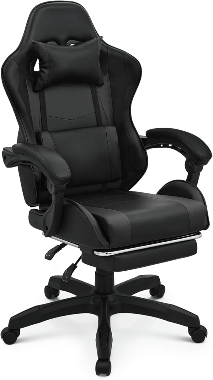 Gaming Chair Ergonomic Computer Chairs with Arms Lumbar Support Footrest Headrest 360°Swivel Chair Adjustable Back and Height Leather PC Chairs for Gaming Study Office Black