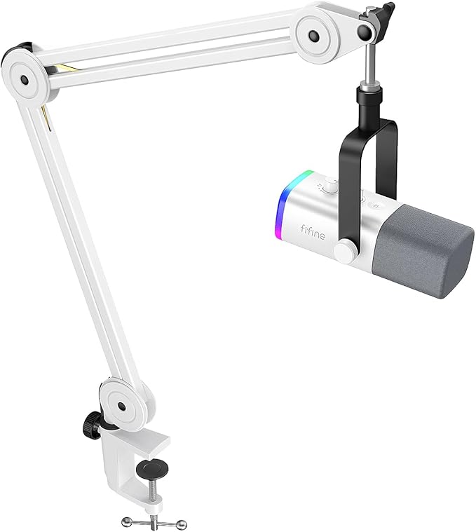 FIFINE Gaming Microphone Pack with Metal Boom Arm Stand RGB Mic with Gain KnobMic MuteMonitoring Jack Boom Arm Bundle with Adjustable Range5/8 Screw for Streaming Podcast Recording (AM8W+BM63W)