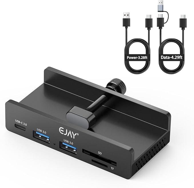 EJAY 5-Port USB 3.0 Hub with Card Reader &amp Clamp Mount 5Gbps Aluminum Docking Station for MacBook PC Dual Cable USB Adapter for Photographers Remote Workers Students Black