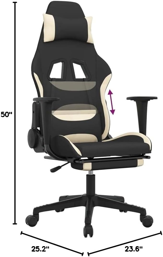 Gaming Chair with Footrest Black and Cream Fabric